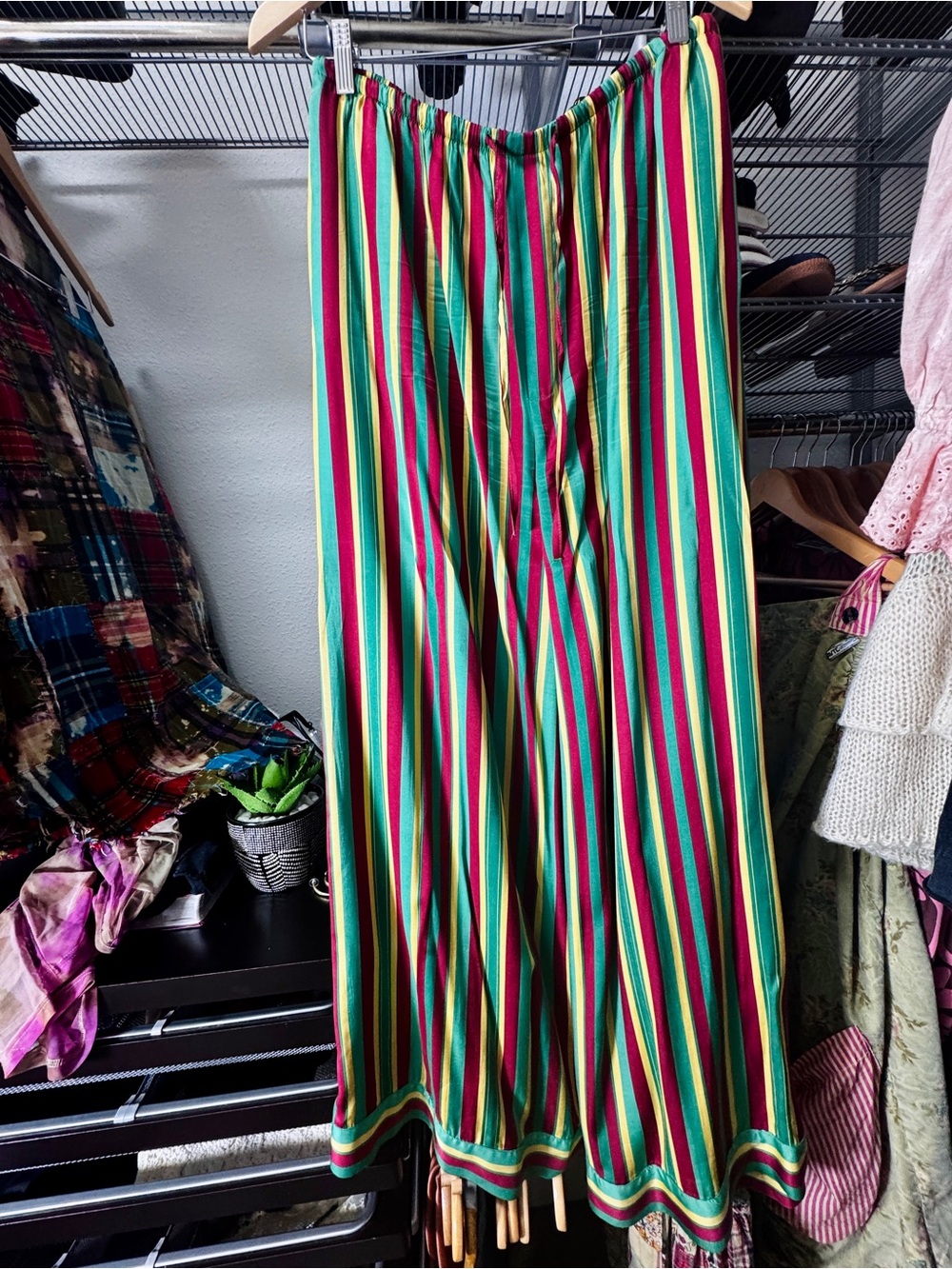 Zara Multicolor Striped Wide-Leg Pants — Green, Red & Yellow
